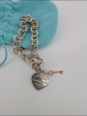 Tiffany & Co. Heart Tag Charm Bracelet in Sterling Silver with Rose Gold Key